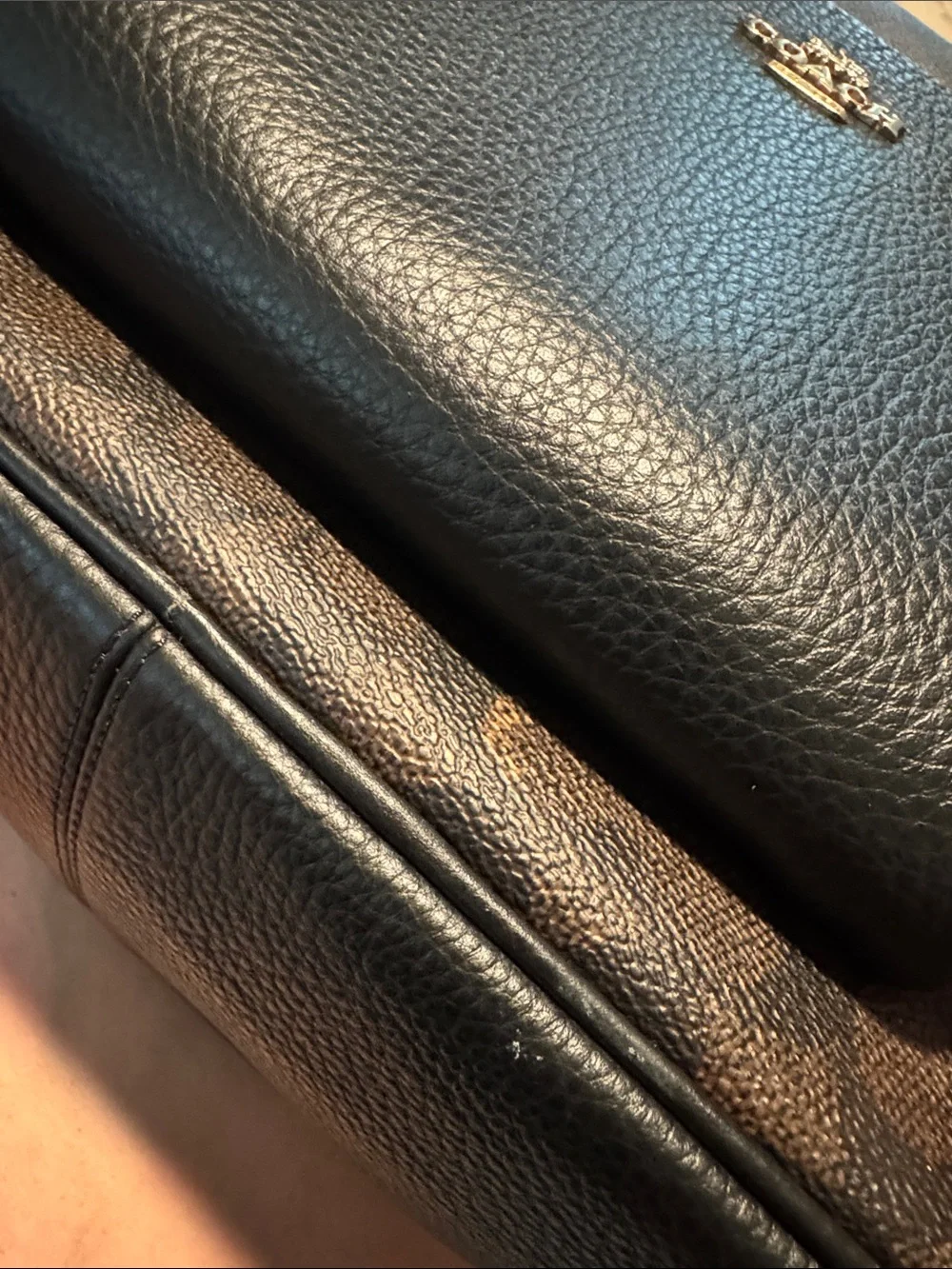 Coach Brown Signature Canvas Mini Backpack with Black Leather Trim